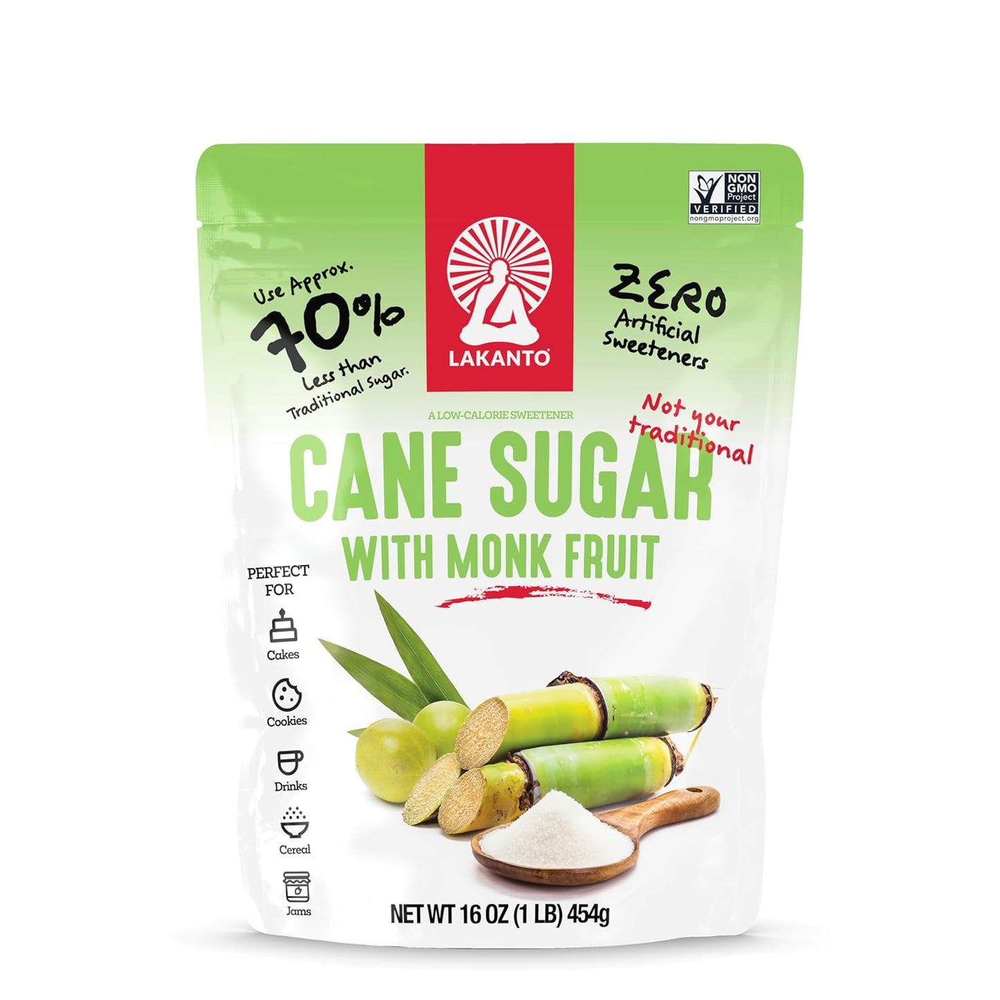 Lakanto Cane Sugar with Monk Fruit Sweetener - Reduced Sugar for Coffee, Tea, Cooking, Baking, Sauces, Smoothies, Oatmeal, Drinks, Jams, Syrup, Protein Shakes (1 lb)