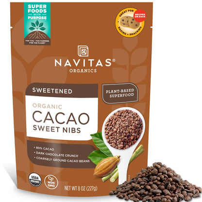 Navitas Organics Cacao Sweet Nibs 8oz. Bag, 56 Servings — Organic, Non-GMO, Gluten-Free