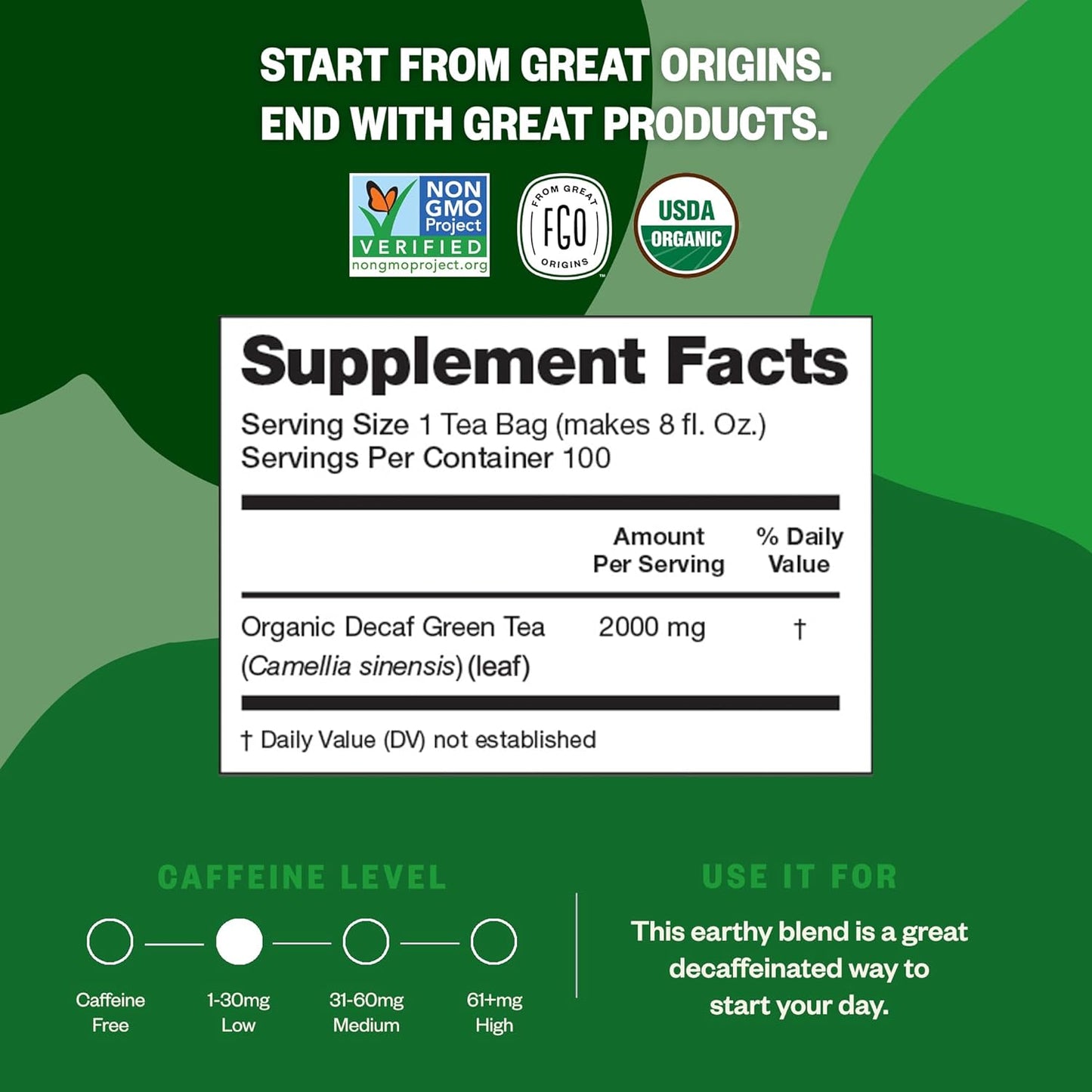 FGO Organic Nettle Leaf Tea, 100 Count, Eco-Conscious Tea Bags, Caffeine Free, Resealable Bag, Packaging May Vary (Pack of 1)
