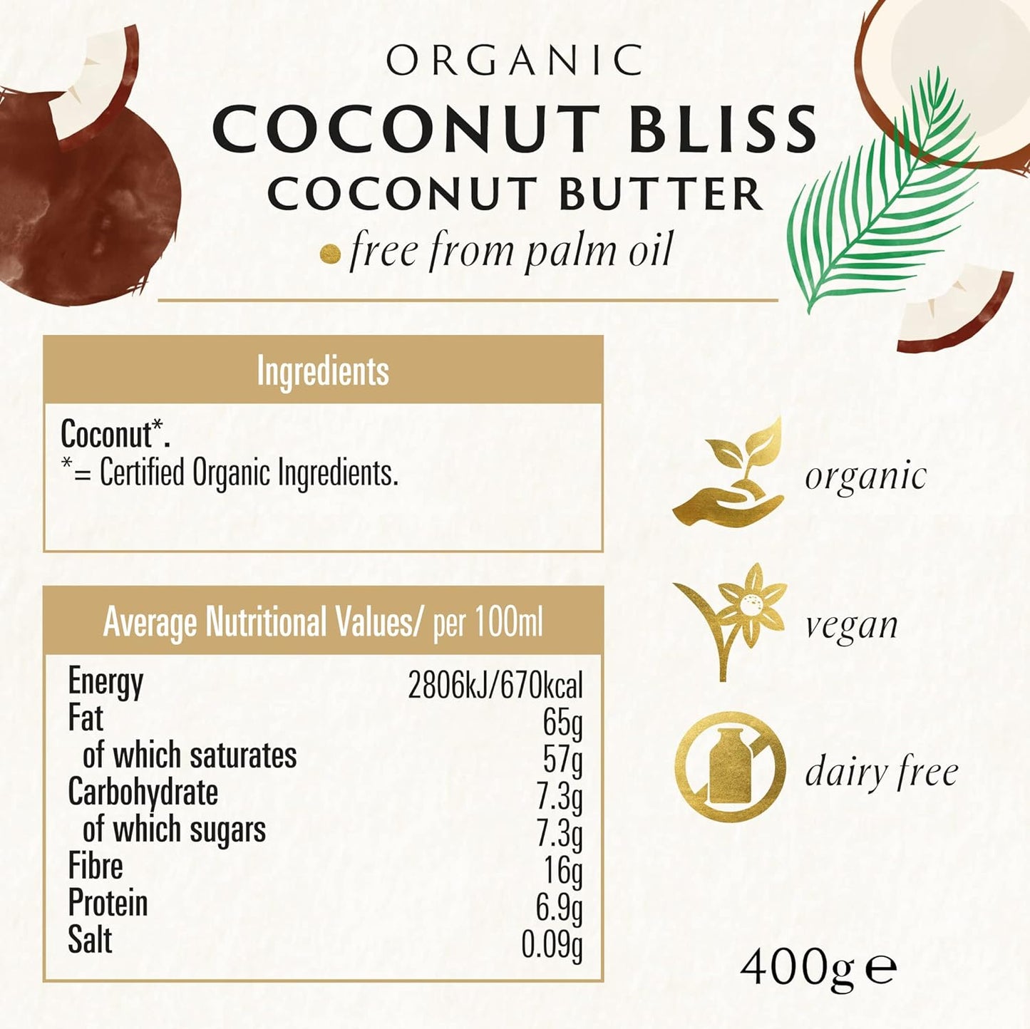 Biona Organic Coconut Bliss, 400g - 100% Organic Creamy Coconut Butter from Whole Coconuts - Source of Fibre - For Spreads, Butter Alternatives & Cooking - Dairy Free & Vegan