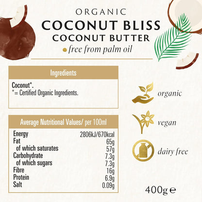 Biona Organic Coconut Bliss, 400g - 100% Organic Creamy Coconut Butter from Whole Coconuts - Source of Fibre - For Spreads, Butter Alternatives & Cooking - Dairy Free & Vegan