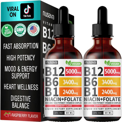 Vitamin B12 and B6 Liquid Drops, B12 Sublingual Vitamin B Complex - B 12 Vitamin 5000mcg - B12 Methylcobalamin for Energy, Brain, and Heart Support with 27,200 mcg, Raspberry, 40 Servings