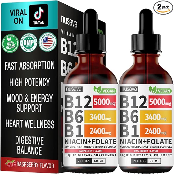 Vitamin B12 and B6 Liquid Drops, B12 Sublingual Vitamin B Complex - B 12 Vitamin 5000mcg - B12 Methylcobalamin for Energy, Brain, and Heart Support with 27,200 mcg, Raspberry, 40 Servings