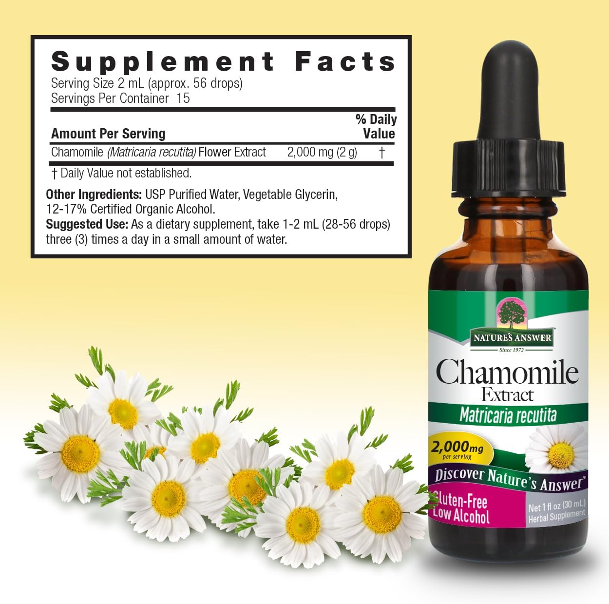 Nature's Answer Chamomile Flower with Organic-Alcohol 2000mg 1oz Extract | Mood Support | Digestion Support | Gluten-Free, Non-GMO, Vegan, No Artificial Flavors or Preservatives | Single County