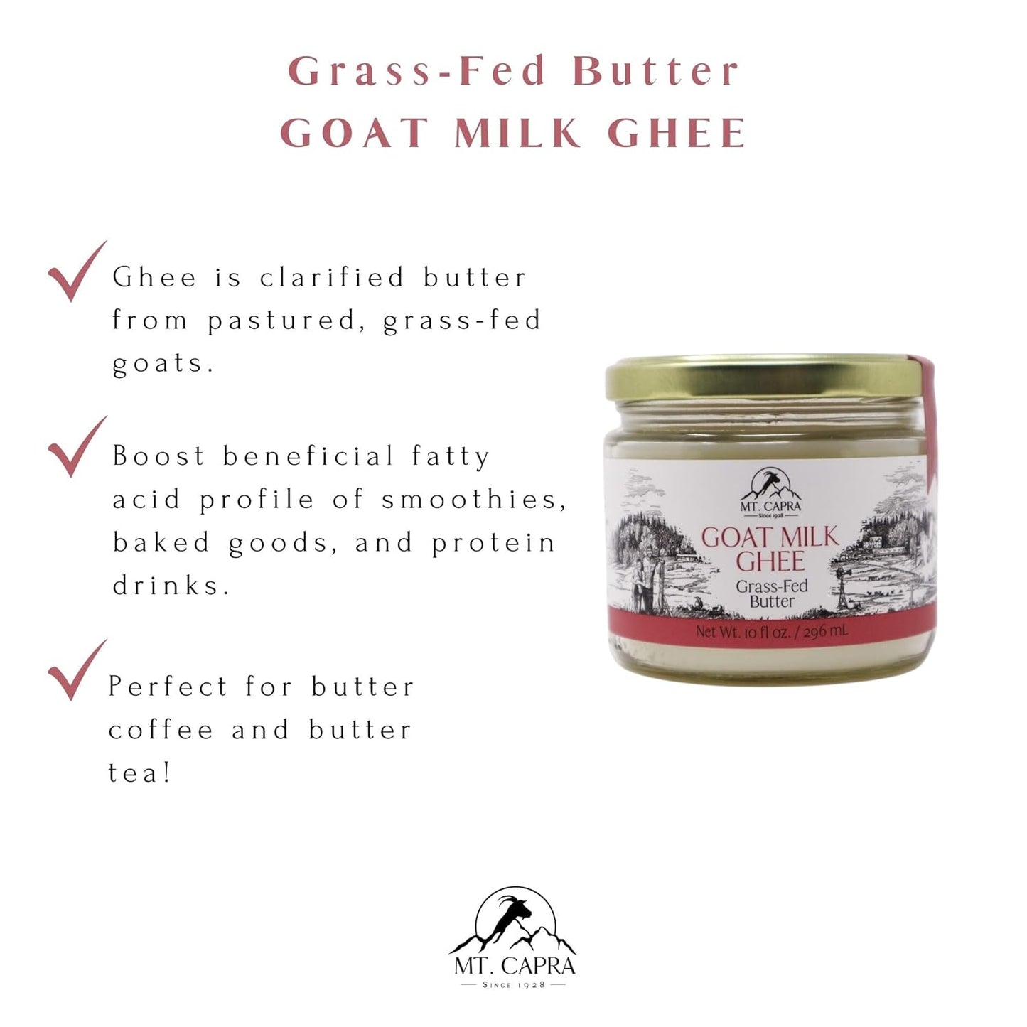 Mt. Capra Goat Milk Ghee | Grass-Fed Clarified Butter High in MCT Oil Perfect for Bulletproof Coffee, Keto, Paleo, and Whole 30 Diets | Pasture Raised and Unsalted | 59 Servings - 10 fl oz