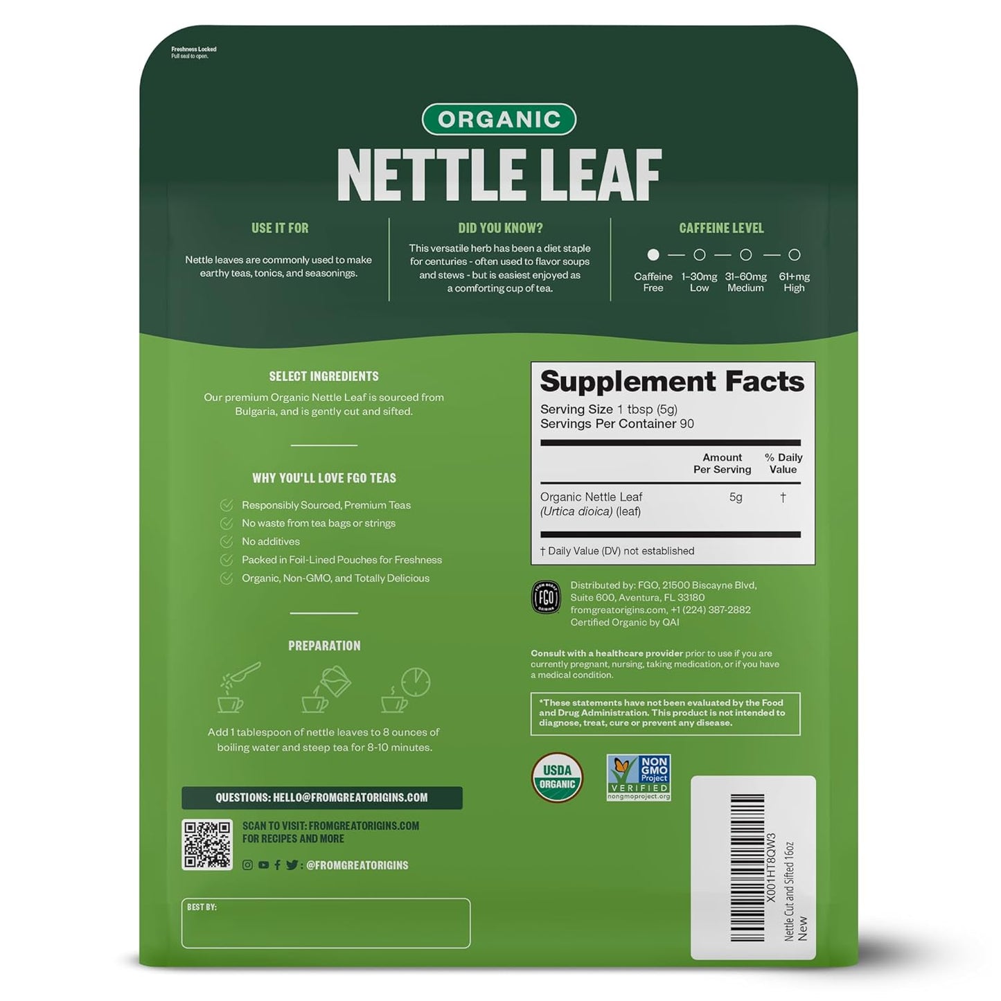 FGO Organic Nettle Leaf Tea, 100 Count, Eco-Conscious Tea Bags, Caffeine Free, Resealable Bag, Packaging May Vary (Pack of 1)
