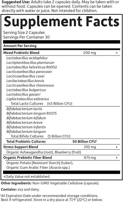 Garden of Life Probiotics Mood+ Dr Formulated Acidophilus Probiotic Supplement - Promotes Emotional Well-Being, Relaxation and Digestive Balance - Ashwagandha for Stress Management, 60 Veggie Caps