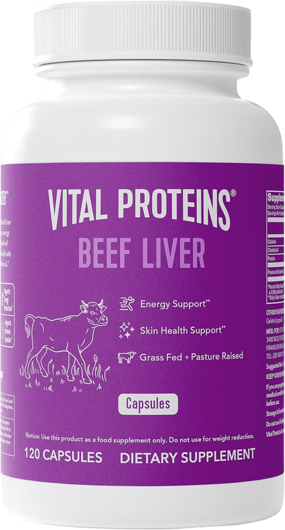 Vital Proteins Grass Fed Beef Liver Capsules, Desiccated Liver Supplement, 750mg Liver Pills, 120 Count