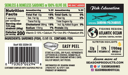 Season Sardines in Olive Oil – Skinless & Boneless, No Salt Added, Wild Caught, 22g of Protein, Keto Snacks, More Omega 3's Than Tuna, Kosher, High in Calcium, Canned Sardines – 4.37 Oz Tins, pack of 1