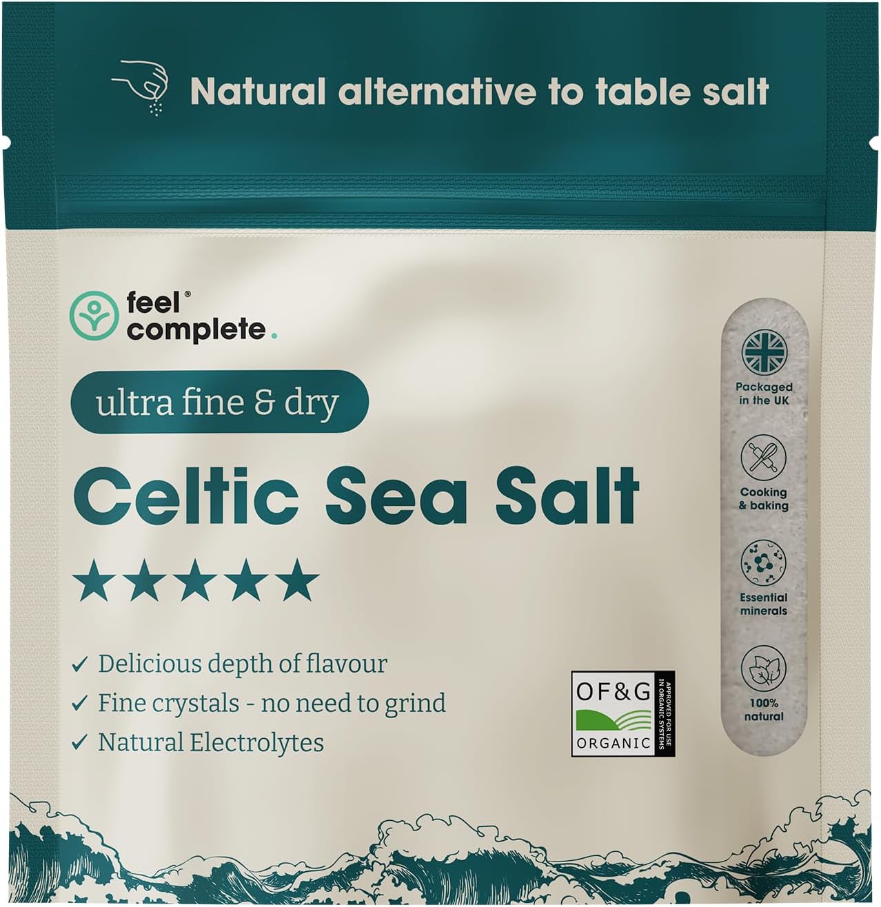 Feel Complete | 800g Ultra Fine & Dry Celtic Sea Salt Powder | No Need To Grind | Organic Approved | Essential Minerals & Electrolytes | Natural Alternative to Table Salt | Lab Tested