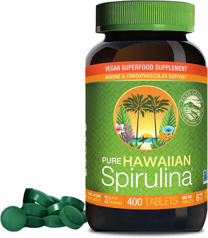 Nutrex Hawaii Pure Hawaiian Spirulina Tablets, Vegan, 500 mg, 200 Count | Spirulina Farm Grown in Kona, Hawaii, Non-GMO, Glyphosate Residue Free, 3rd Party Tested, 60% Protein, Superfood Supplement