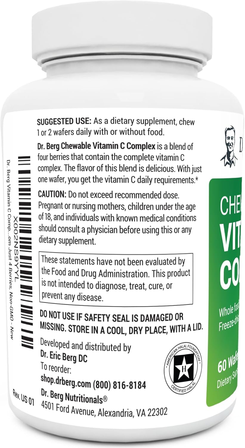 Dr. Berg Chewable Vitamin C Complex - Made with Organic, Non-GMO Berries - 60 Delicious Wafers