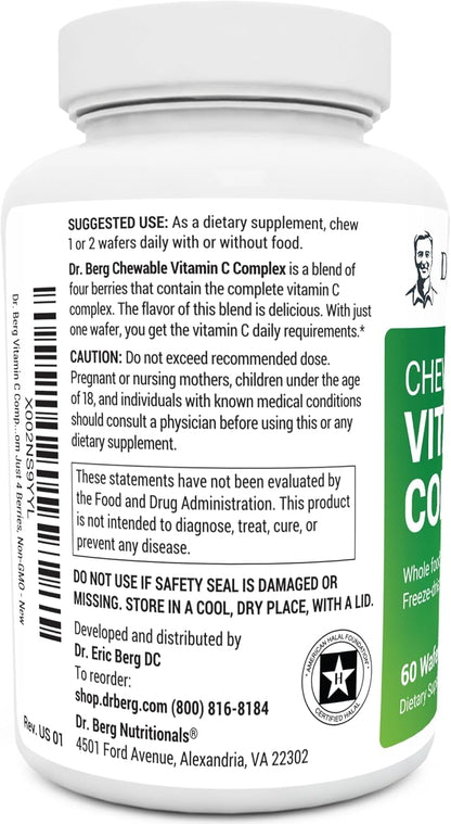 Dr. Berg Chewable Vitamin C Complex - Made with Organic, Non-GMO Berries - 60 Delicious Wafers