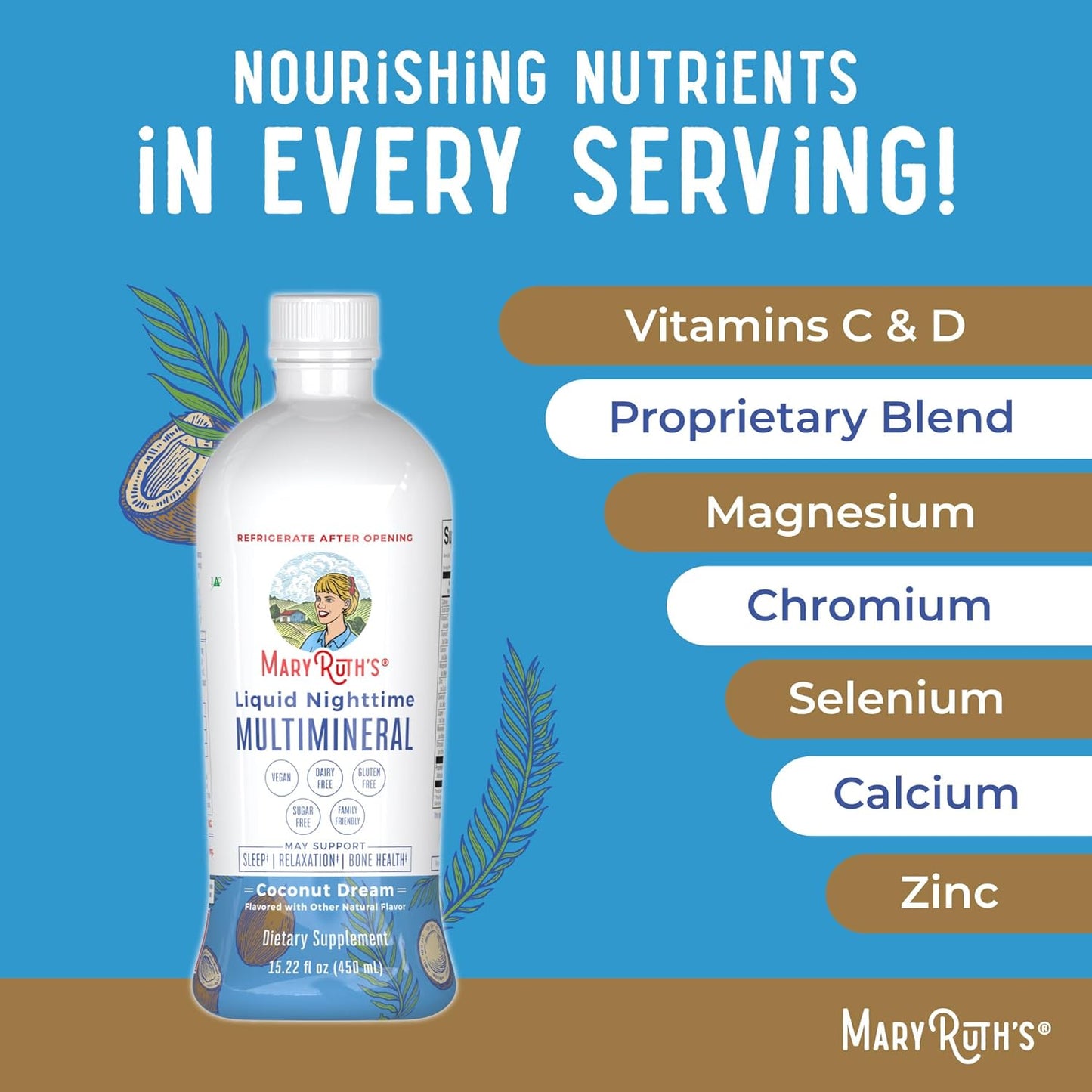 MaryRuth Organics Liquid Nighttime Multimineral | No Melatonin | Bedtime Routine | Magnesium Citrate | Calcium | Zinc | Vitamin D3| Available in 4 Flavors - Vegan | Sugar Free | Gluten Free | 32 Oz