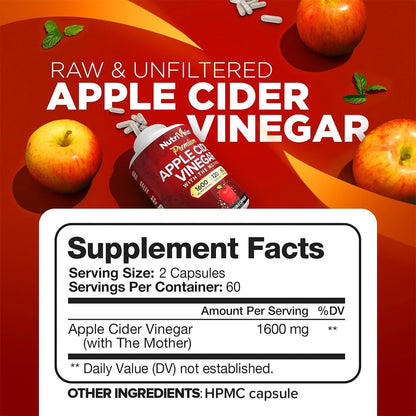 Nutrivein Apple Cider Vinegar Supplement with Mother 1600 mg - 120 Capsules