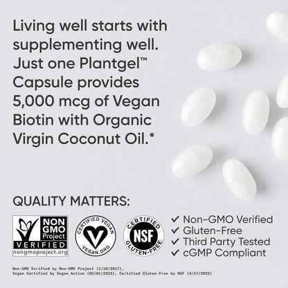 Sports Research® Biotin 5,000mcg with Organic Coconut Oil - Biotin (Vitamin B7) for Healthy Skin and Hair Support* - for Women and Men - Vegan, Non-GMO, Gluten & Soy-Free - 30 Veggie Softgels