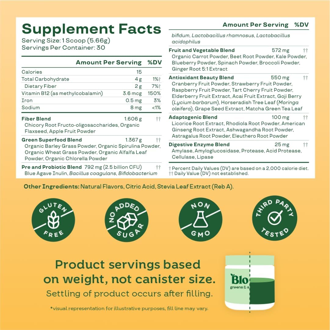 Bloom Nutrition Greens and Superfoods Powder for Digestive Health, Greens Powder, Digestive Enzymes, Probiotics, Spirulina, Chlorella for Bloating & Gut Support, Green Juice, 30 SVG, Strawberry Kiwi