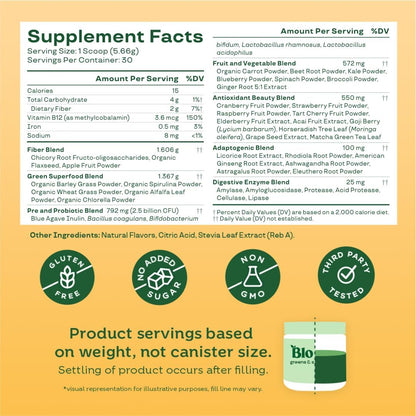 Bloom Nutrition Greens and Superfoods Powder for Digestive Health, Greens Powder, Digestive Enzymes, Probiotics, Spirulina, Chlorella for Bloating & Gut Support, Green Juice, 30 SVG, Strawberry Kiwi