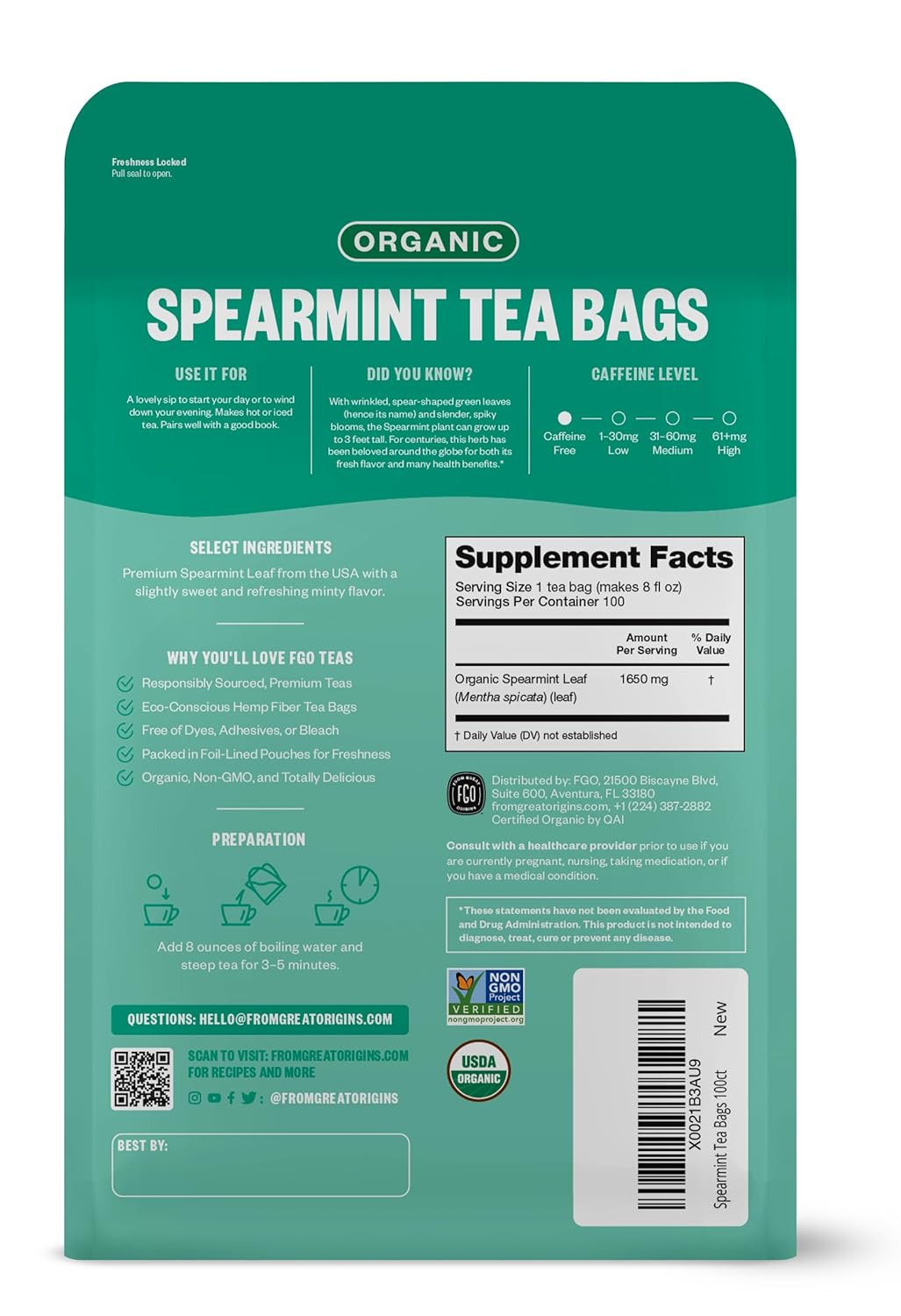 FGO Organic White Tea, Eco-Conscious Tea Bags, Packaging May Vary, 100 Count (Pack of 1)