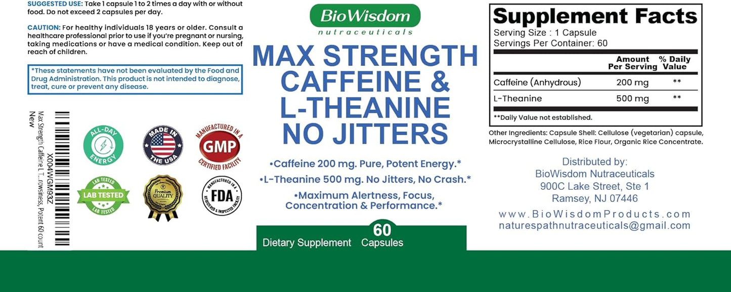 Max Strength Caffeine L Theanine Pills (200mg/500mg) - No Jitters Peak Energy, Focus, Performance, Alertness - Caffeine Pills & L-Theanine Capsules, No Crash & Drowsiness, Potent Supplement.