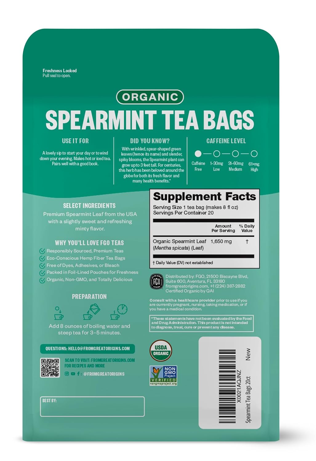 FGO Organic Nettle Leaf Tea, 100 Count, Eco-Conscious Tea Bags, Caffeine Free, Resealable Bag, Packaging May Vary (Pack of 1)