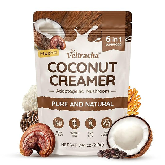 Veltracha Mushroom Coconut Coffee Creamer, Coffee Mate Creamer Powder with Pure Coconut Extract and 6 Adaptogenic Mushroom, Superfood Creamer Vegan & Unsweetened, 7.41oz (30 Servings), Mocha