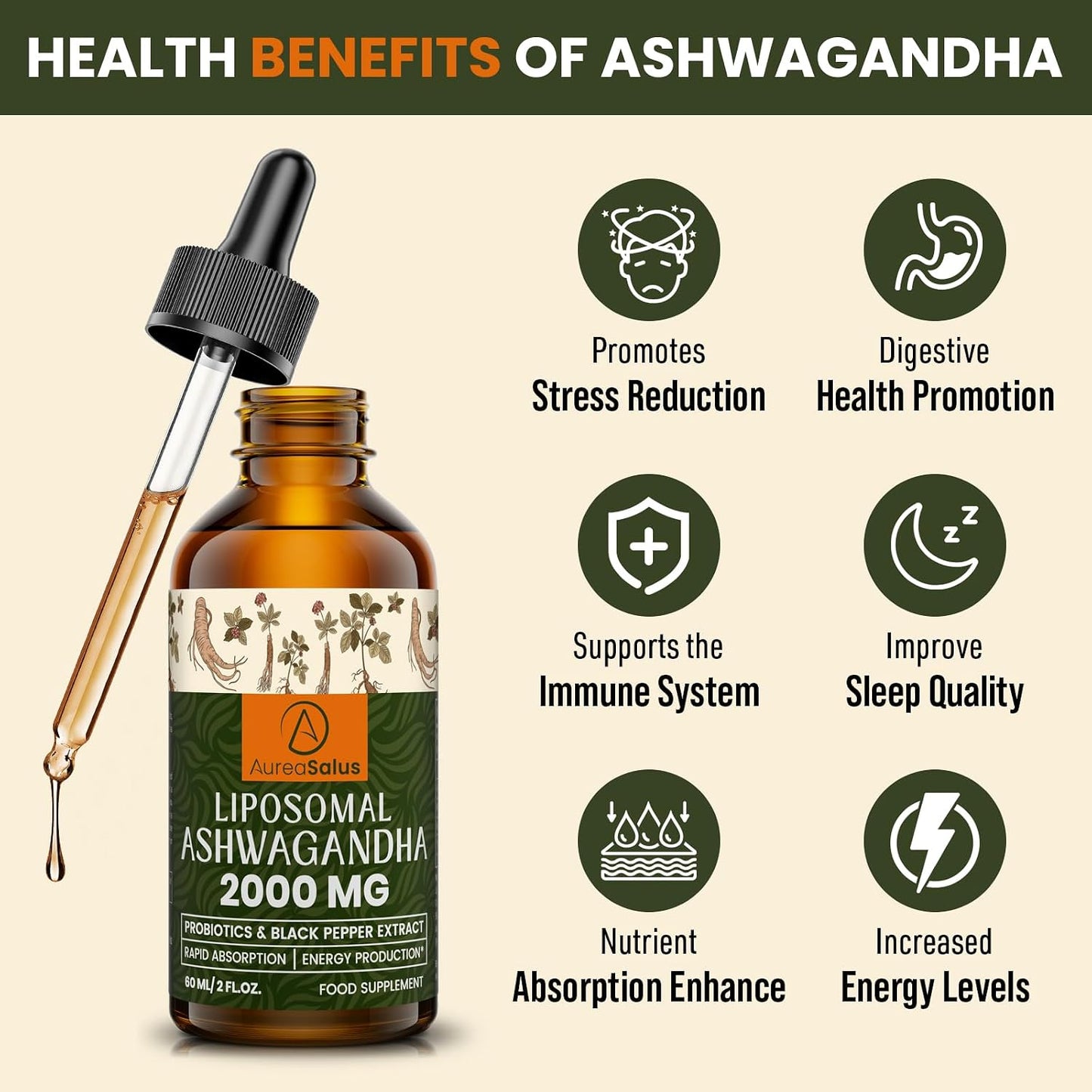 Liposomal Ashwagandha Drops 2000mg, Pure Natural Ashwagandha Extract, Enrich Probiotics & Black Pepper Extract, Stress Relieve Supplements, Increase Energy (60 ml (Pack of 1))