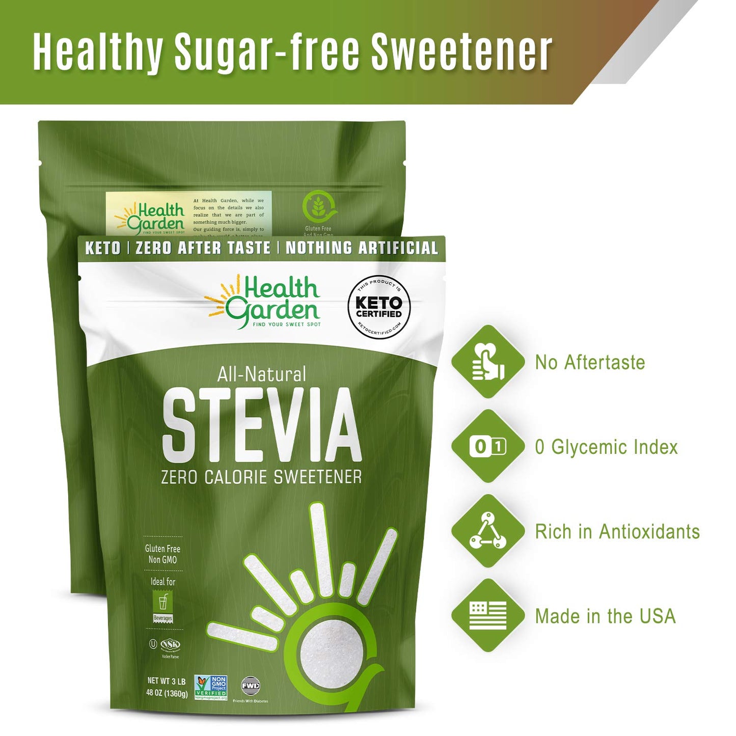 Health Garden Stevia Sweetener Powder - 4:1 Sugar Substitute - All Natural - Gluten Free - Keto Friendly - Tastes Like Sugar (2 lbs)