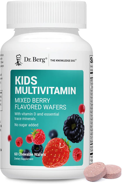Dr. Berg Kids Chewable Multivitamins (NOT Sweetened w/Sugar) - Daily Multivitamin for Kids That Includes 20 Nutrients & Trace Mineral Complex - Mixed Berry Chewable Vitamins for Kid - Red Wafers