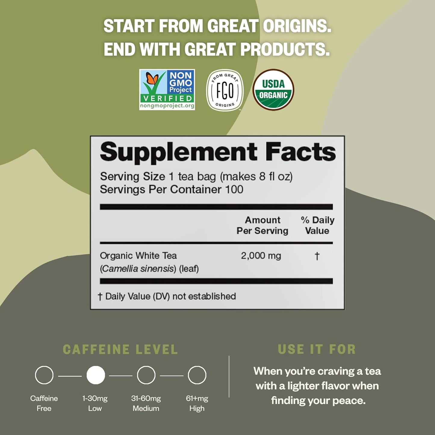 FGO Organic White Tea, Eco-Conscious Tea Bags, Packaging May Vary, 100 Count (Pack of 1)