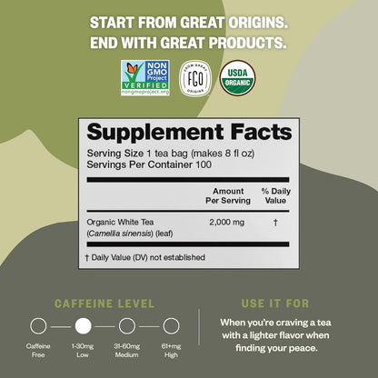 FGO Organic White Tea, Eco-Conscious Tea Bags, Packaging May Vary, 100 Count (Pack of 1)
