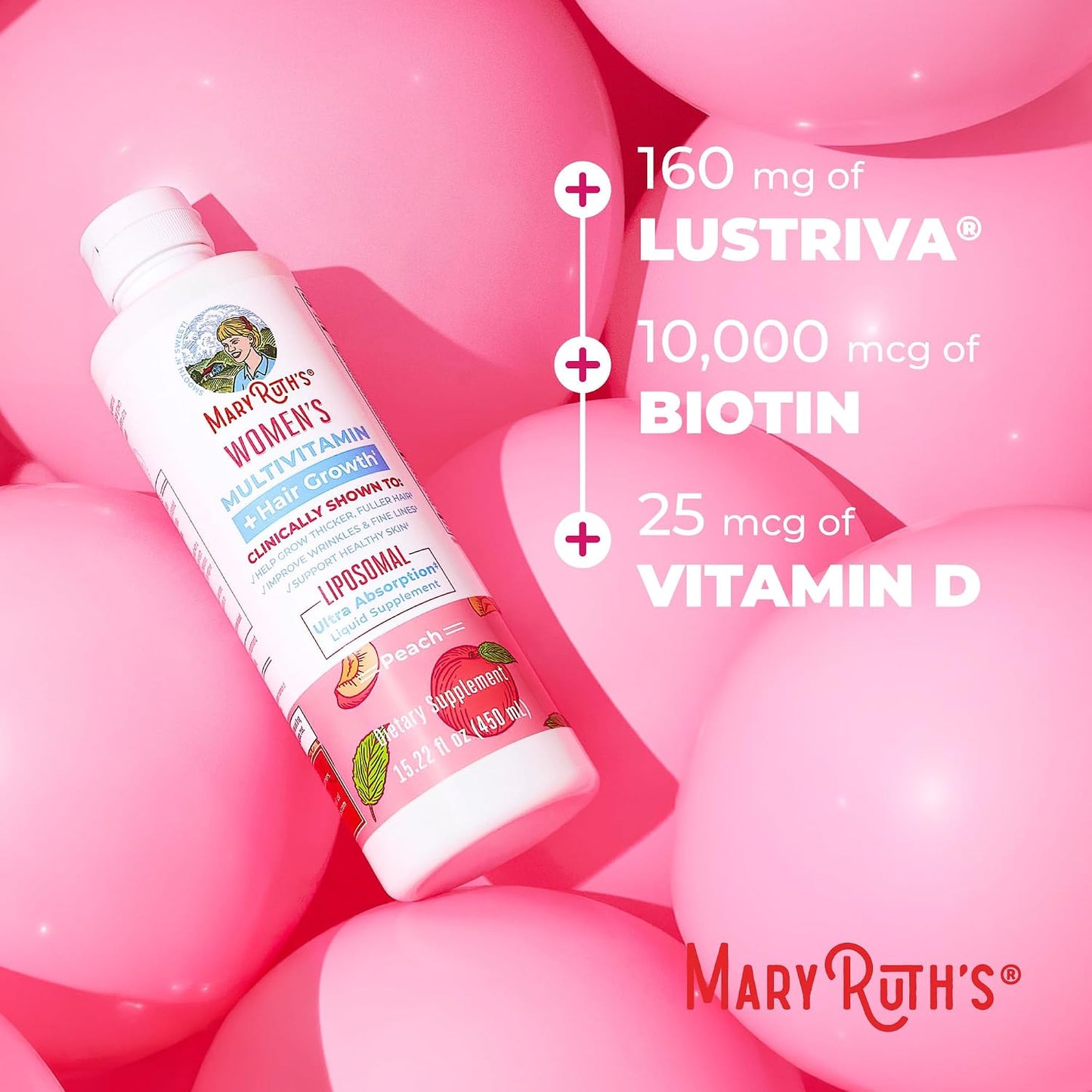 MaryRuth Organics Women's Multivitamin Lustriva Hair Growth Liposomal | Biotin | Vitamin D, B | Clinically Tested for Thicker Hair, Fine Lines, Skin Care | Ages 18 | Hair Vitamins | 15 Fl Oz