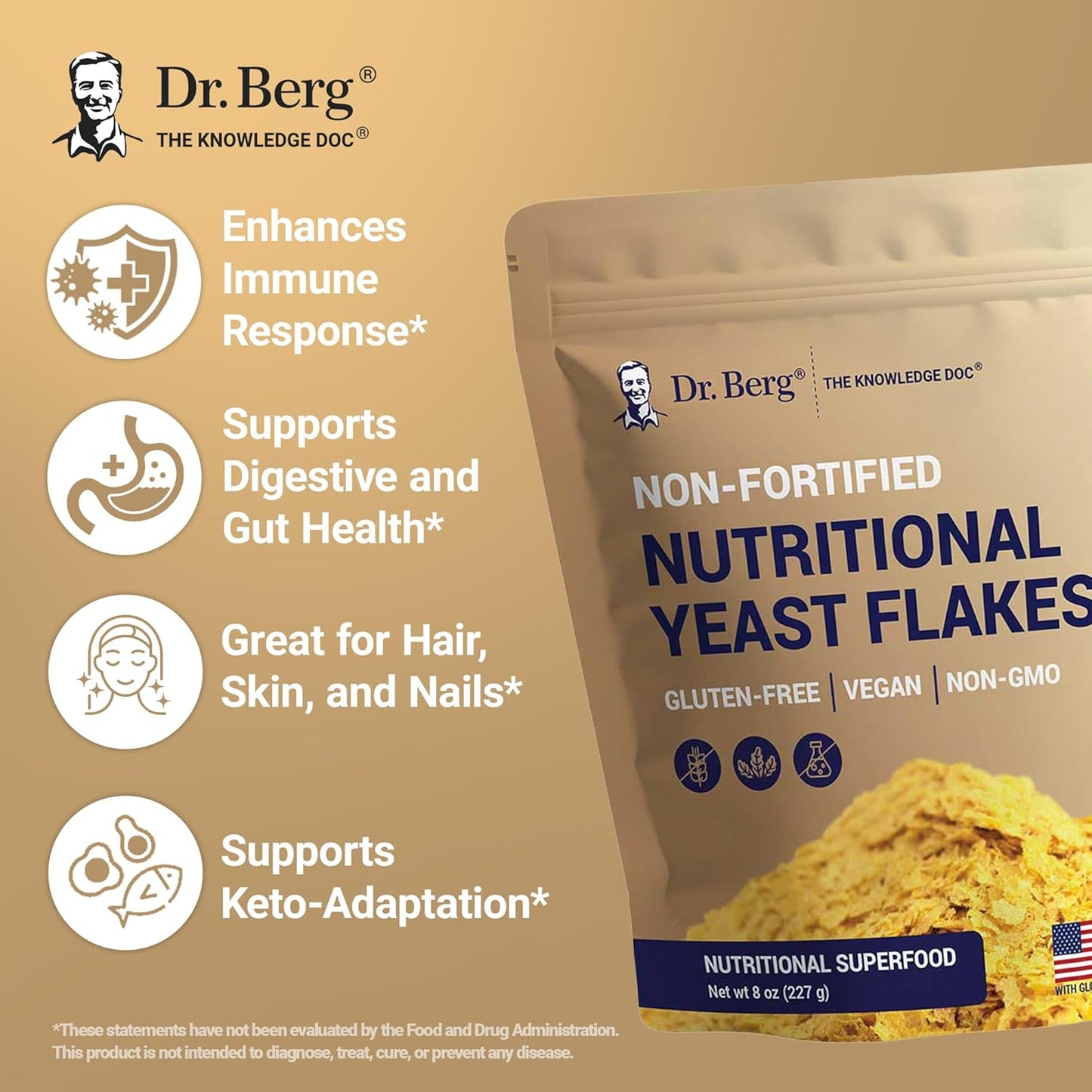 Dr. Berg's Premium Nutritional Yeast Flakes| Gluten Free & Non-GMO | Nutritional Yeast with B Vitamins | Keto & Vegan-Friendly Nutritional Yeast | 8oz
