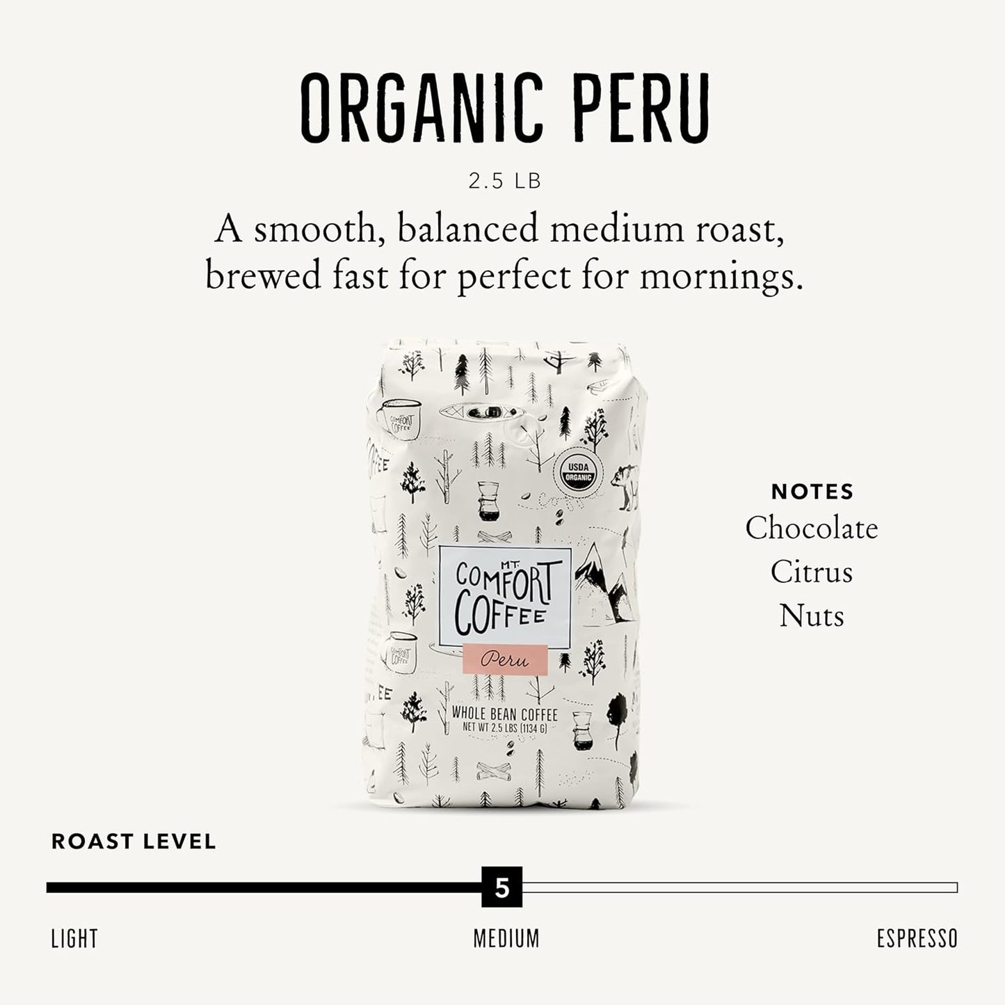 Mount Comfort Coffee Organic Whole Bean Coffee, Peru, 1.1kg