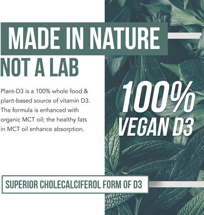 Organic Vitamin D3 10,000 IU - Plant D3, Vegan, Max Strength Sublingual Liquid D3 Drops - 200% Higher Absorption, 100% Plant-Based Cholecalciferol Form & Vegan D3, Adjustable Dosing (30 Servings)