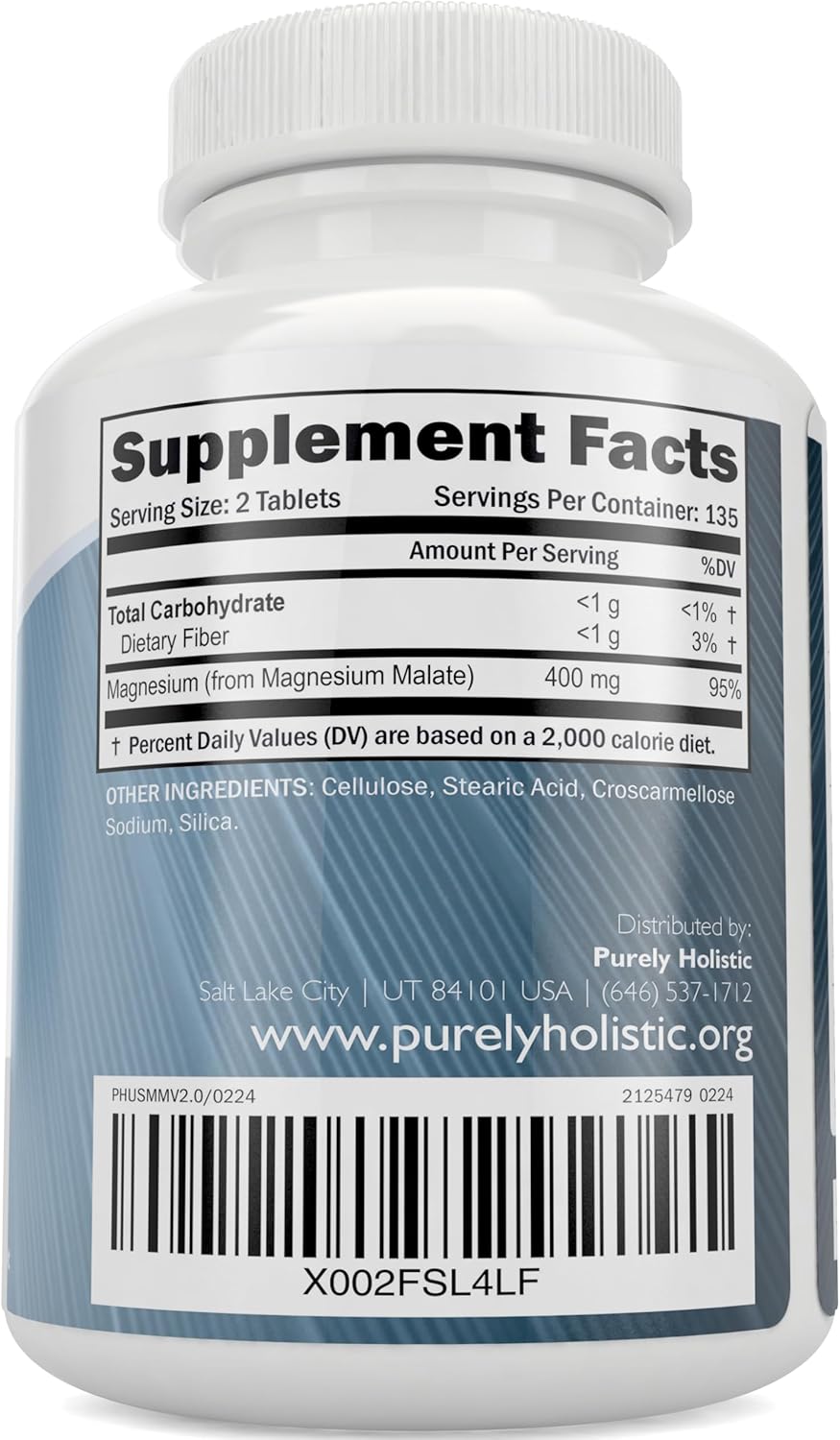 Magnesium Malate 400mg Tablets - 50% More 270 Vegan Tablets - Chelated Magnesium Supplement with Malic Acid - Promotes Energy Production and Muscle Recovery - High Absorption