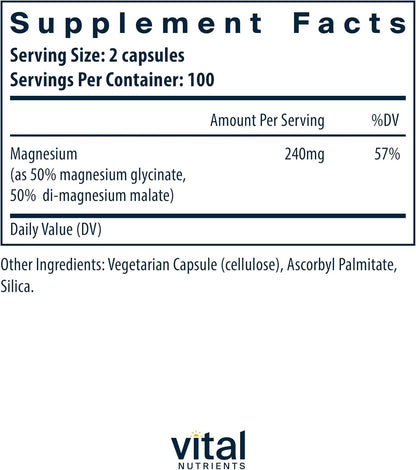 Vital Nutrients - Magnesium (glycinate/Malate) 120mg - Formulated to Support Teeth, Bones, and Heart Health - Soy Free, Gluten Free, Dairy Free - 100 Vegetarian Capsules