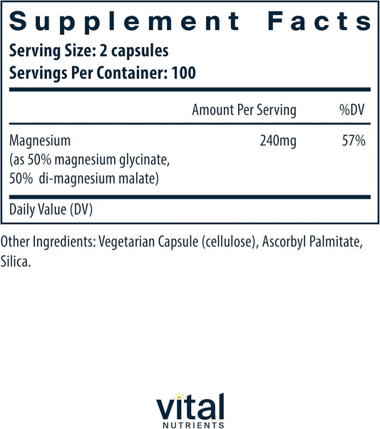 Vital Nutrients - Magnesium (glycinate/Malate) 120mg - Formulated to Support Teeth, Bones, and Heart Health - Soy Free, Gluten Free, Dairy Free - 100 Vegetarian Capsules