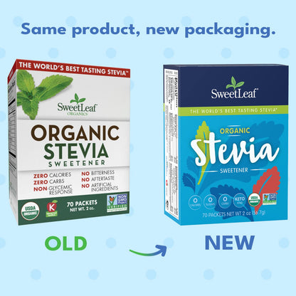 SweetLeaf Organic Stevia Packets - Zero Calorie Stevia Powder, No Bitter Aftertaste, Sugar Substitute for Keto Coffee, Nothing Artificial, Non-GMO Stevia Sweetener Packets, 70 Count