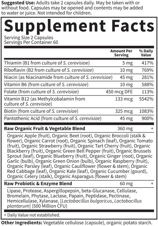 Garden of Life Vitamin B Complex, 60 Vegan Capsules, High Potency Vitamins for Energy & Metabolism with B6, Folate & B12 as Methylcobalamin Plus Probiotics