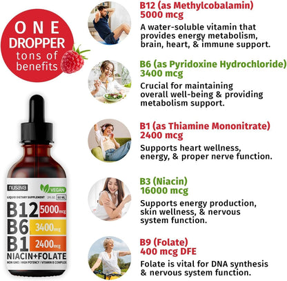 Vitamin B12 and B6 Liquid Drops, B12 Sublingual Vitamin B Complex - B 12 Vitamin 5000mcg - B12 Methylcobalamin for Energy, Brain, and Heart Support with 27,200 mcg, Raspberry, 40 Servings