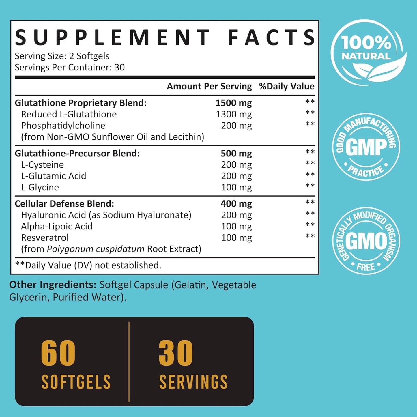 2400 MG Liposomal Glutathione Softgels, Max Absorption, Active Form L-Glutathione Reduced (GSH), with Hyaluronic Acid, Resveratrol, Master Antioxidants for Detox, Brain, Immune System, 60 Softgels