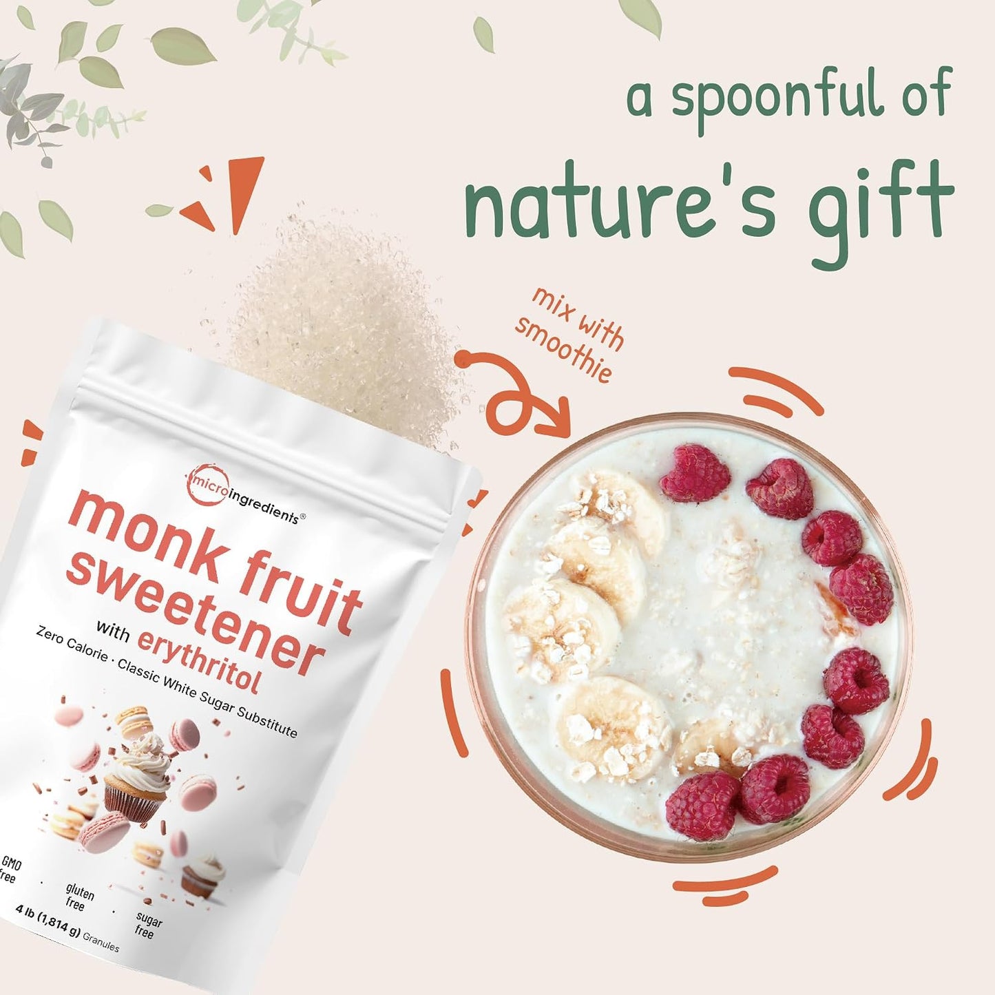 Micro Ingredients Monk Fruit Sweetener with Erythritol Granules, 4 Pounds, No After Taste, 1:1 White Sugar Substitute, Keto Diet Friendly, Zero Calorie, Natural Sweetener for Drinks, Coffee, Tea, Co