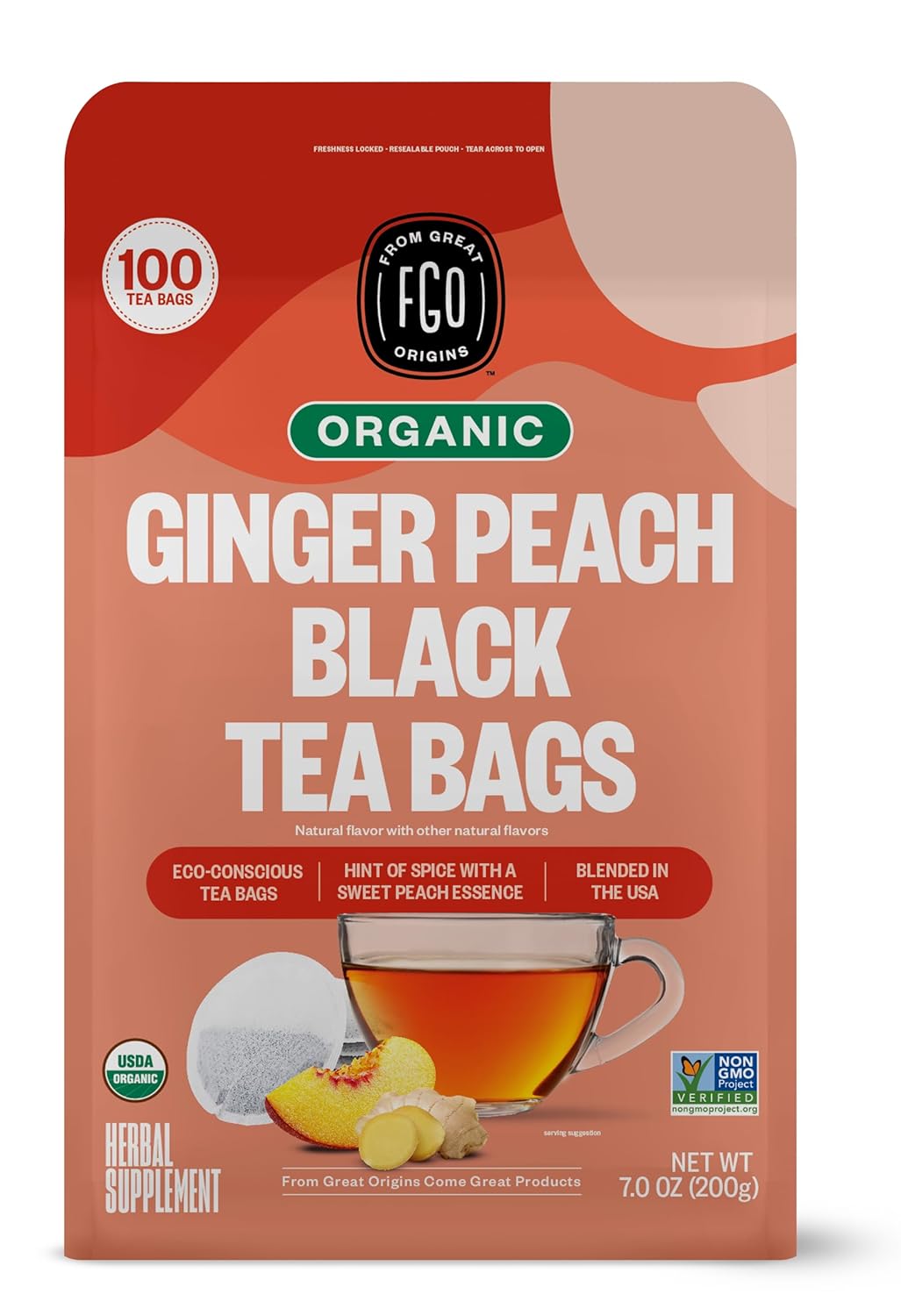 FGO Organic Nettle Leaf Tea, 100 Count, Eco-Conscious Tea Bags, Caffeine Free, Resealable Bag, Packaging May Vary (Pack of 1)