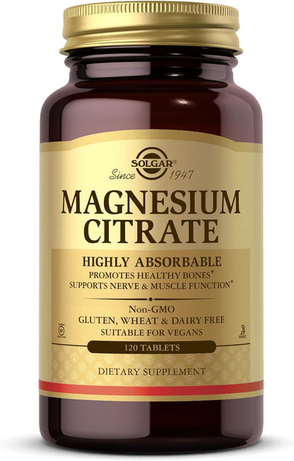 Solgar Magnesium Citrate, 120 Tablets - Promotes Healthy Bones - Supports Nerve & Muscle Function - Non GMO, Vegan, Gluten Free, Dairy Free, Kosher - 60 Servings