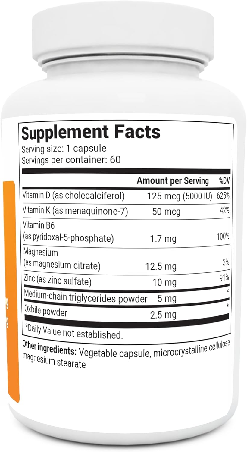 Dr. Berg D3 K2 Vitamin 5000 IU w/MCT Powder - Includes 50 mcg MK7 Vitamin K2, Purified Bile Salts, Zinc & Magnesium for Ultimate Absorption - K2 D3 Vitamin Supplement - 60 Capsules