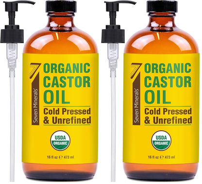 Seven Minerals New 16 fl oz Glass Bottle Castor Oil Organic Cold Pressed Unrefined Glass Bottle Pack - 100% Pure USDA Certified Organic Hexane Free