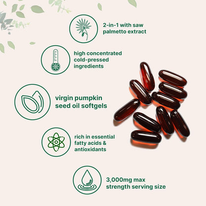 Pumpkin Seed Oil with Saw Palmetto, 3000mg Per Serving, 300 Softgels | Cold Pressed, Pure Virgin Oil, Essential Fatty Acids & Phytosterols | Supports Hair, Urinary, Bladder & Prostate Health | Non-GMO