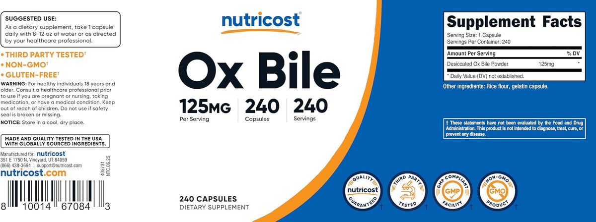 Nutricost Ox-Gall Capsules 125 mg, 240 Premium Capsules - GMO Free, Soy Free, Gluten Free