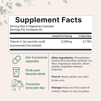 Liposomal Vitamin C 2,500mg, 240 Veggie Capsules | Highly Bioavailable Fat Soluble Form | Immune Support & Antioxidant Supplement | Liposomal Delivery for Superior Absorption | Non-GMO, Gluten Free